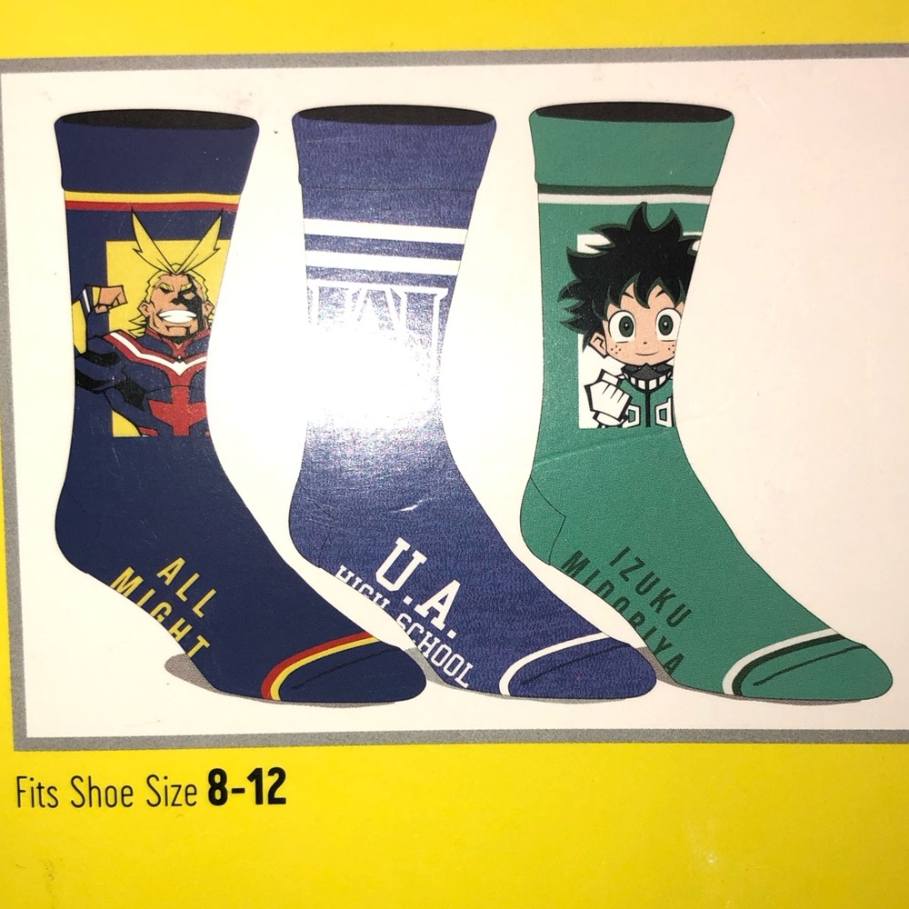 My Hero Academia Anime character 3 pair crew socks Nwt men’s shoe size 8-12 US